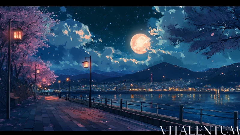 Moonlit waterfront promenade with city and mountains at night.