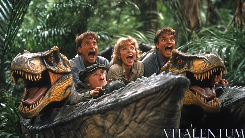 Group in jungle setting with dinosaur ride vehicles.