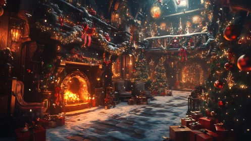 Grand hall interior with festive Christmas trees and fireplace