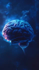 Digital brain model floats within deep blue cosmic void