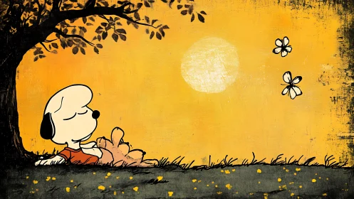 Sleepy cartoon pup under honey-sun with drifting butterflies.