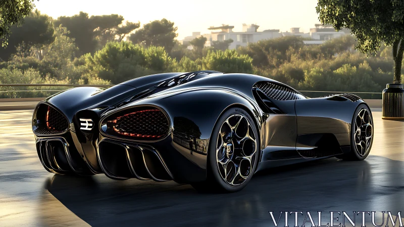 Sleek black hypercar on reflective terrace at sunset.