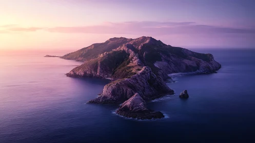 Island Sanctuary at Twilight: Where Rocky Peaks Meet Purple Waters.