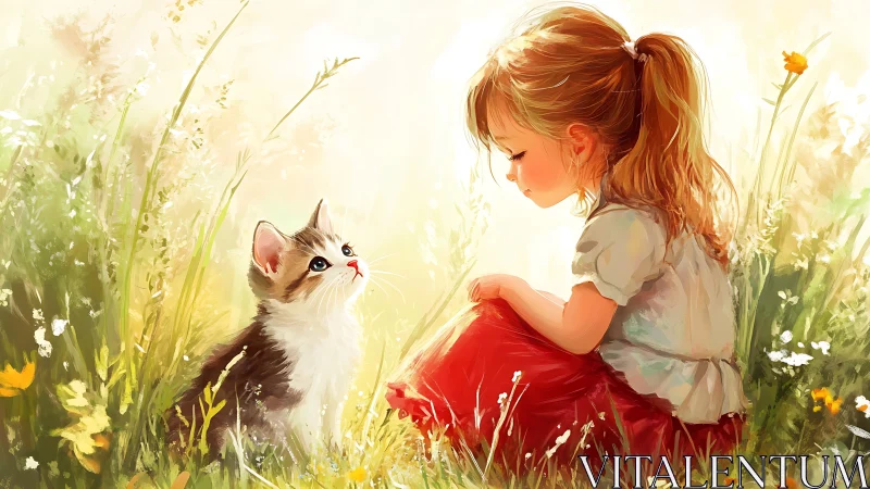 Girl and Kitten Connect in Sunlit Wildflower Meadow.
