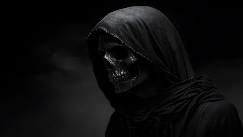 Grim reaper portrait with shrouded skull in deep shadow