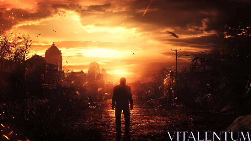 Lone survivor walks ruined street under burning sunset sky