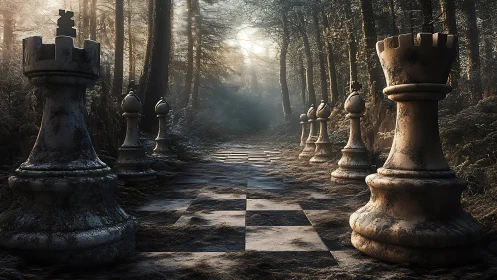 Monolithic chess rooks frame a misty forest path in decayed symmetry