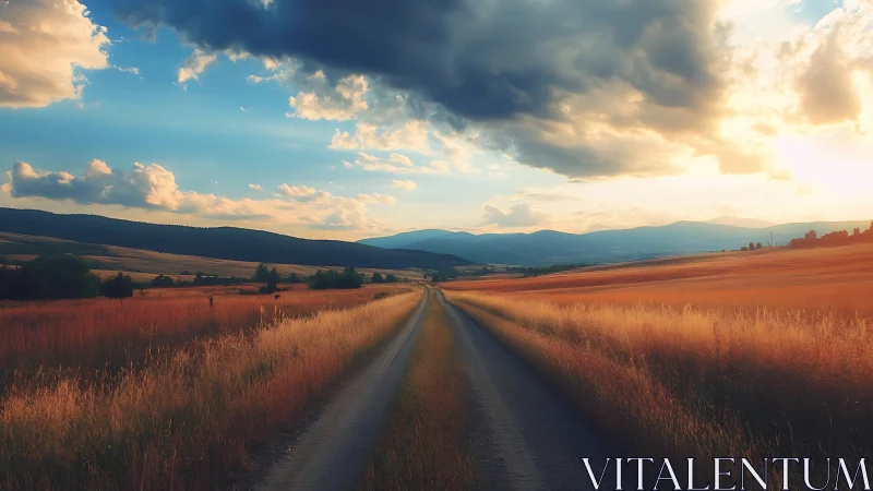 Sunlit gravel road unspools through glowing autumn fields