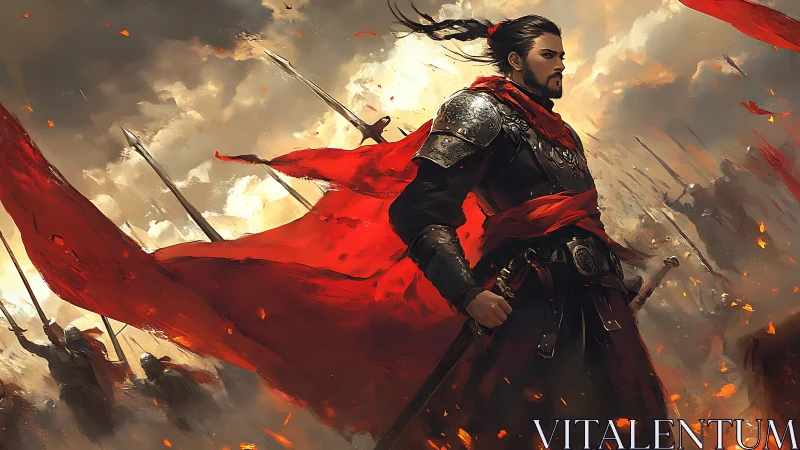 Heroic warlord in red banners, cinematic digital painting style.