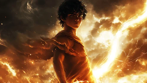 Fire-lit storm child wielding a burning horizon of light.