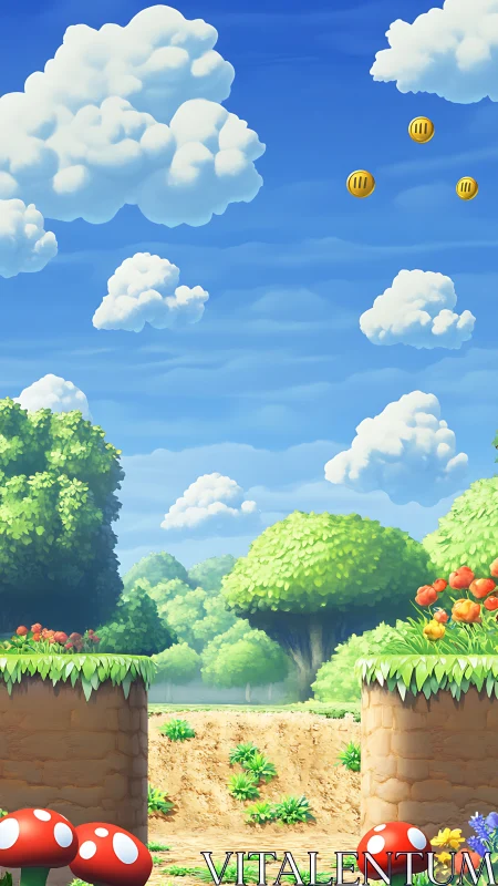 Colorful side scrolling forest platform with coins visible
