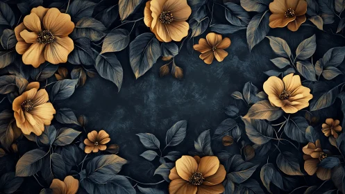 Golden Florals Against Textured Charcoal Ground with Layered Botanical Elements