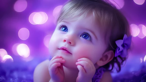 Young child with blue eyes against purple bokeh background.