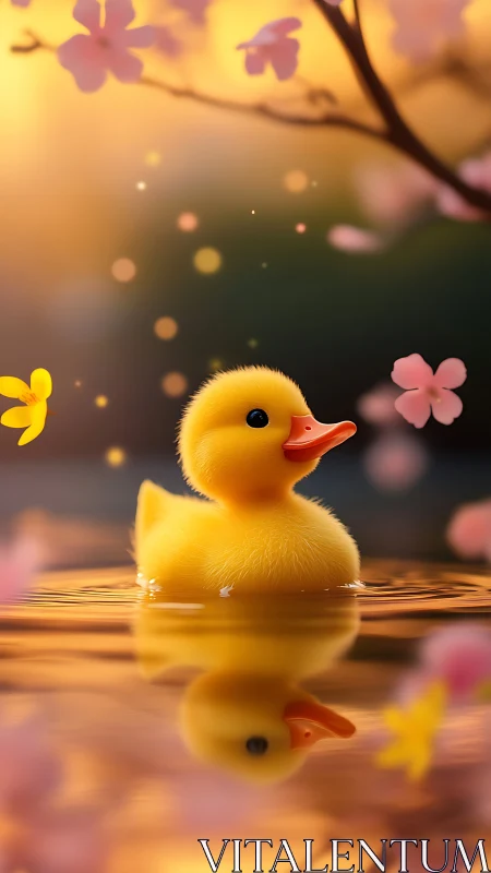 Sunlit duckling glides through petals on a golden spring pond
