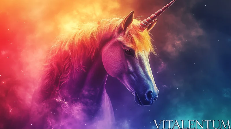 Iridescent unicorn portrait emerges from prismatic nebula haze