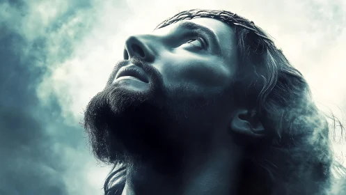 Dramatic low-angle portrait of bearded man in ethereal light