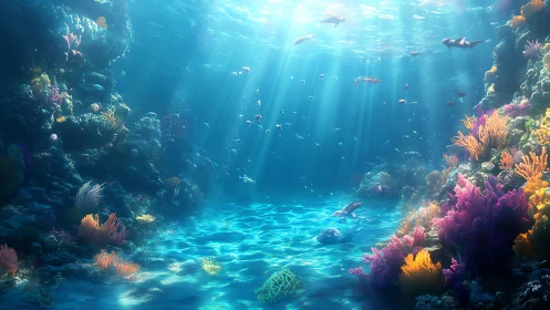 Sunlit coral reef welcomes playful sea life in clear water