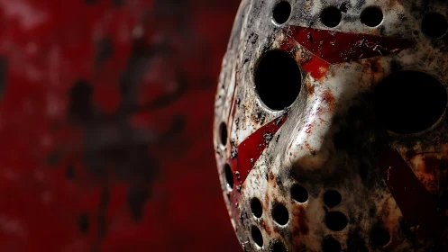 Weathered hockey mask close-up against crimson void.