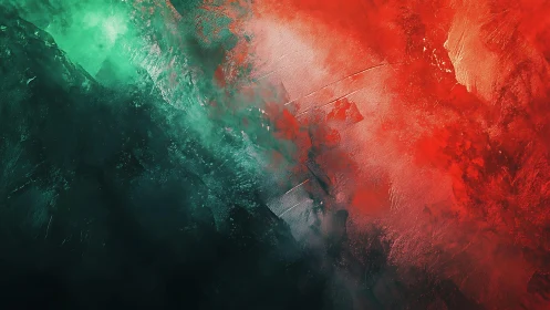 Bold abstract painting with green and red textured brushstrokes.