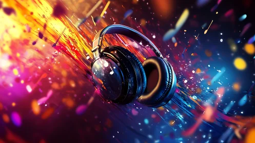 Headphones ignite a neon storm of sound and swirling color.