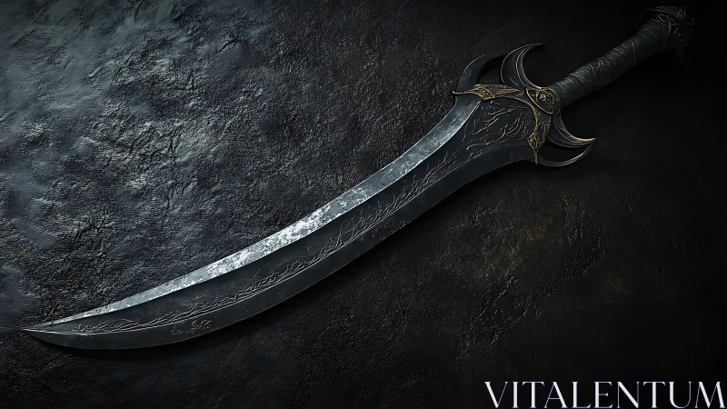 Curved obsidian greatsword with ornate gold inlay on stone.