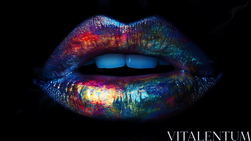 Spectral macro closeup of iridescent lips in high contrast lighting.