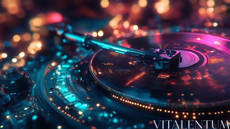 Cyberpunk vinyl turntable with neon bokeh lighting design.
