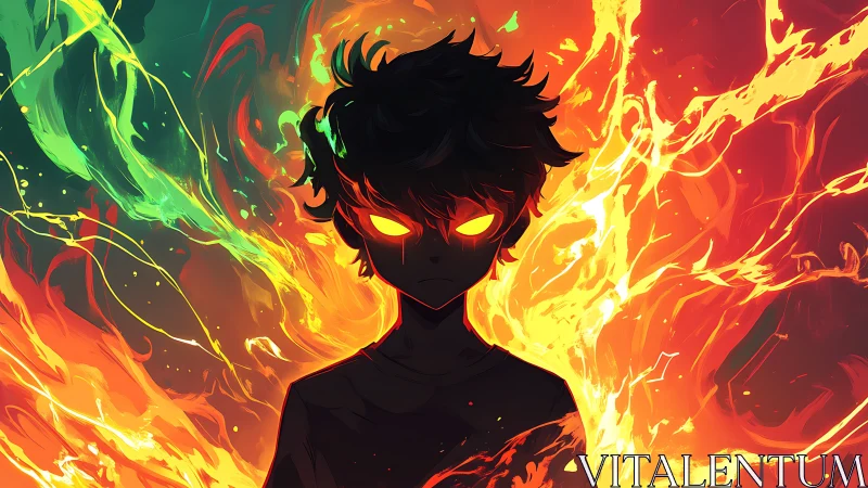 Silhouetted figure with luminous eyes stands amid stylized flames