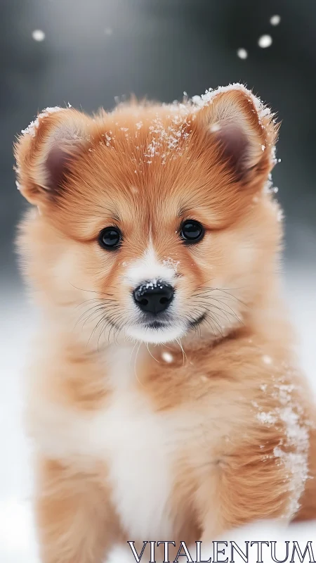 Puppy stands in falling snow with shallow depth of field