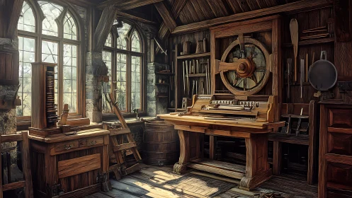 Clockwork scribe&rsquo;s wooden workshop drenched in dusty daylight.