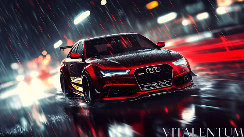 Red performance coupe powers through neon rain-slick streets.