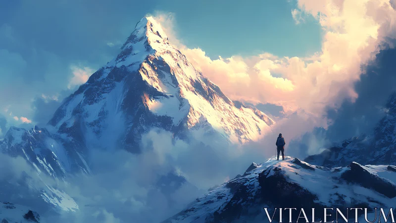 Solitary hiker greets a glowing snow peak at sunrise