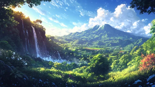 Luminous valley panorama with cascading cliff waterfalls.