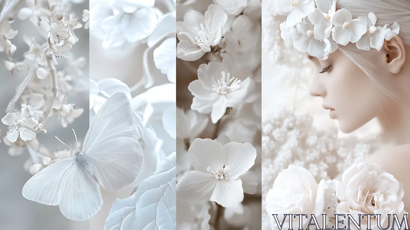 Ethereal monochrome portrait with blossoms and butterfly.