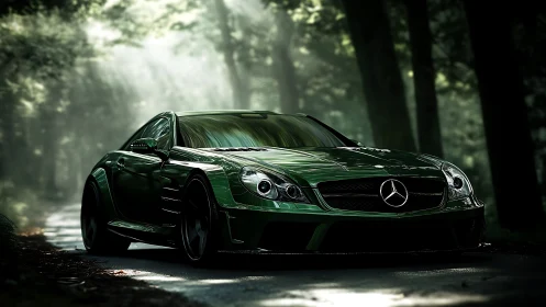 Green Mercedes sports coupe stands on shaded forest road