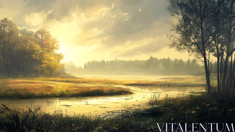Golden sunrise over misty wetland forest clearing.