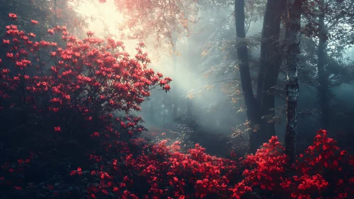 Red Flowers in Misty Forest Clearing