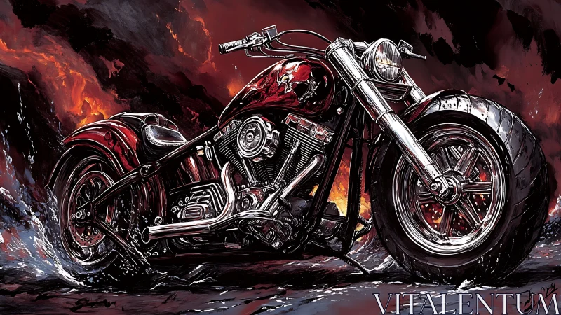 Custom chopper motorcycle roars through stylized fire storm