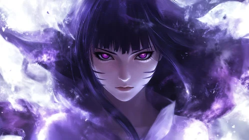 Anime portrait with violet energy aura and intense gaze focus.