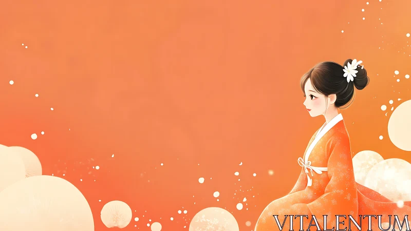 Anime profile portrait in orange kimono with minimal backdrop.