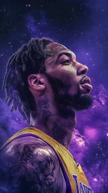 Basketball star portrait glows against a cosmic purple sky