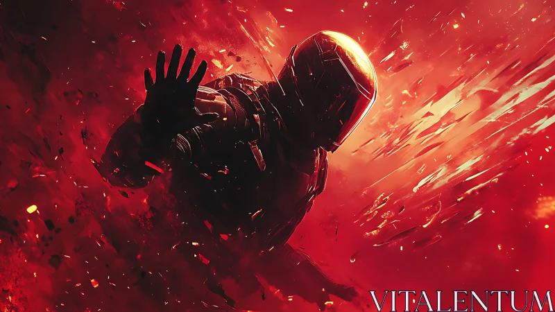 Armored Figure Silhouette Against Fiery Red Explosion.
