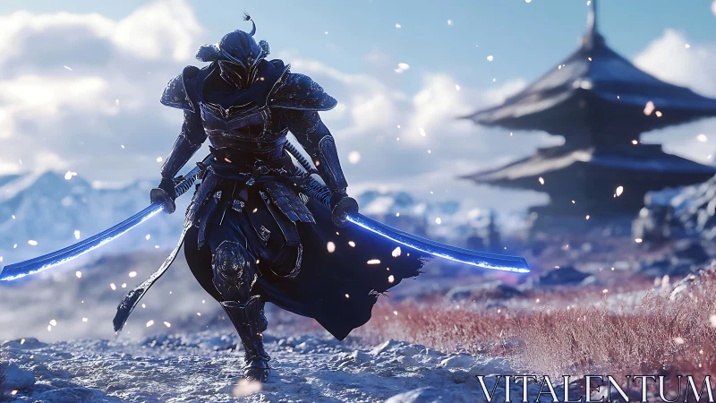 Armored cyber samurai with twin energy blades in snow.