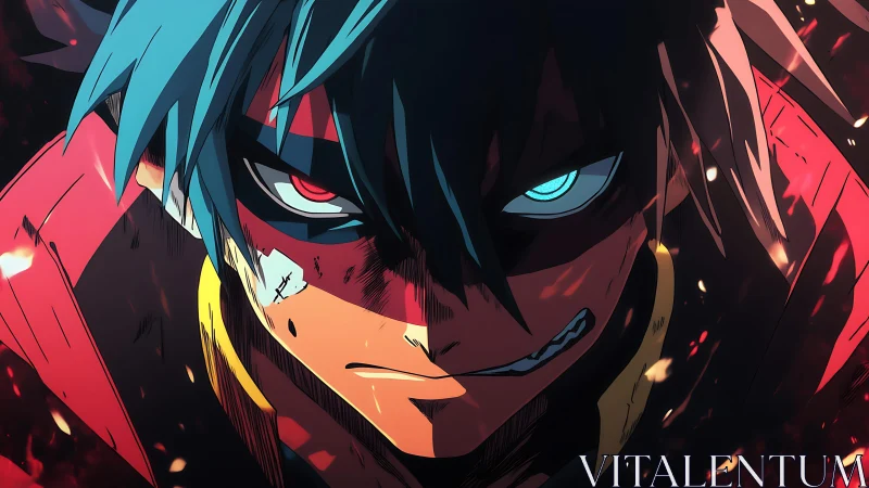 Intense anime warrior advances under dynamic ember lighting