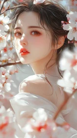 Digital portrait of young woman among soft cherry blossoms