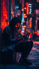 Hooded laptop user on neon lit urban sidewalk at night.