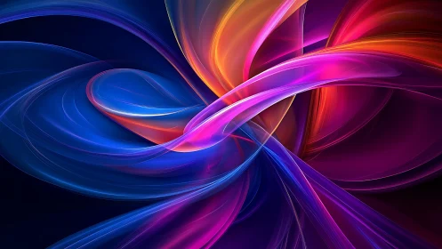 Curved multicolor light ribbons on dark abstract background.