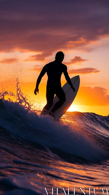 Sunset surfer rides glowing waves in warm ocean light