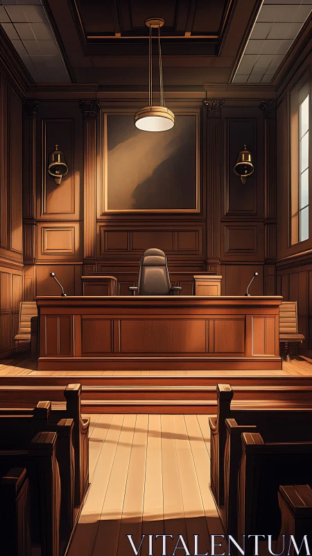Warm wooden courtroom interior stands silent and solemn.