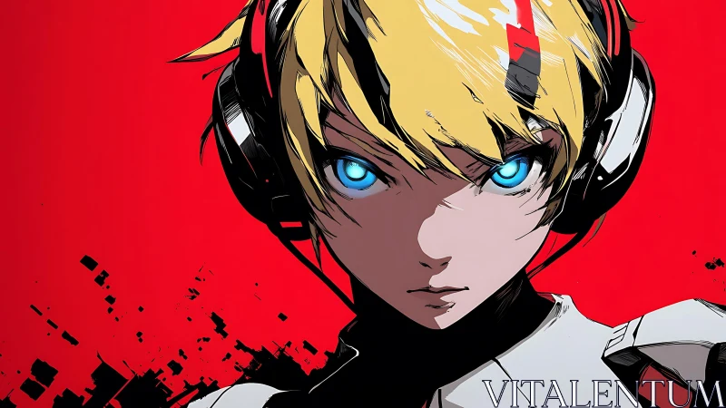 Headphoned figure with blue eyes faces viewer on red field